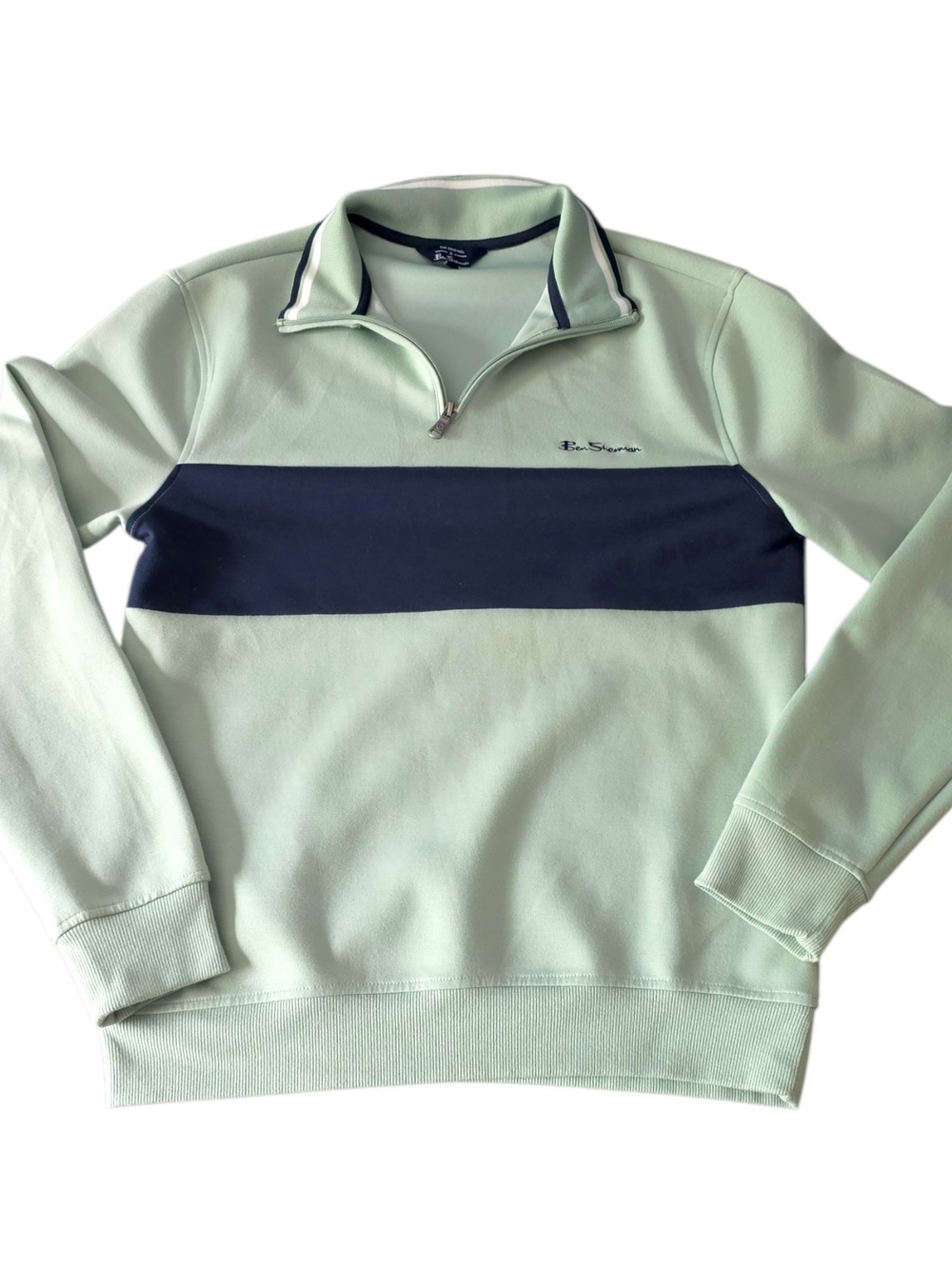 Ben Sherman Men’s Quarter Zip Pullover Sage Green Navy Stripe Small